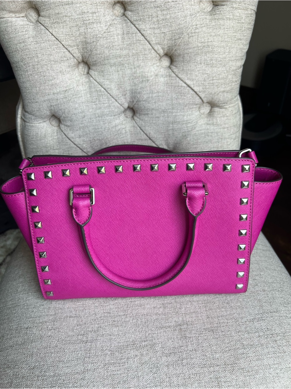 Michael Kors Hot Pink Studded Saffiano Satchel - Picture 2 of 8
